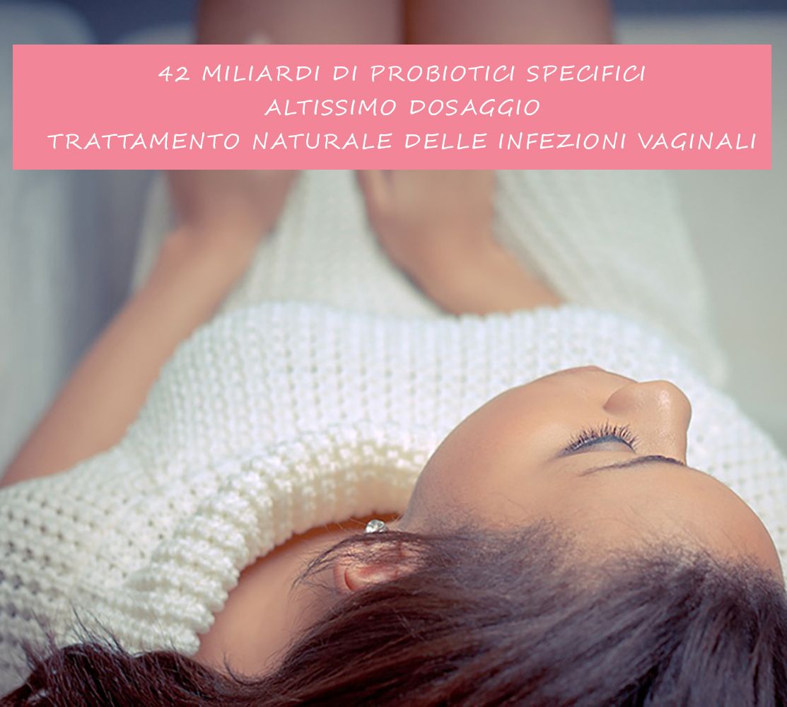 Donna sdraiata rilassata. Testo: 42 miliardi di probiotici specifici, altissimo dosaggio, trattamento naturale delle infezioni vaginali.