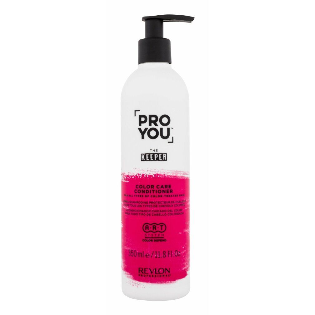 Flacone bianco con dosatore nero. Etichetta rosa con testo: PRO YOU, THE KEEPER, COLOR CARE CONDITIONER. Marchio: Revlon.