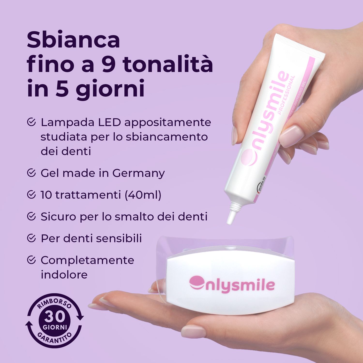 Kit con gel e lampada LED. Gel made in Germany. Mano che tiene parti del prodotto.