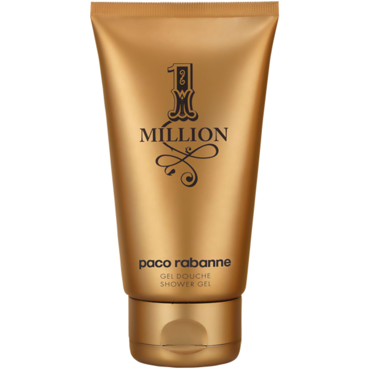 Tubo dorato con scritta nera "1 Million" e "paco rabanne". Gel Douche/Shower Gel.