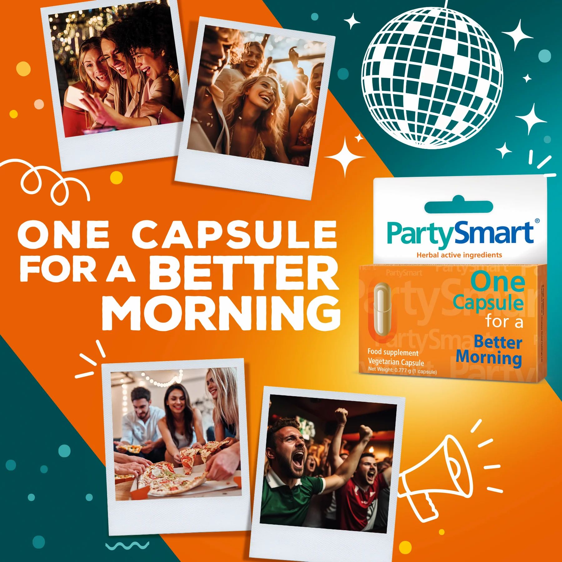 Confezione Himalaya Partysmart con una capsula. Testo: One Capsule for a Better Morning. Immagini di persone che si divertono.
