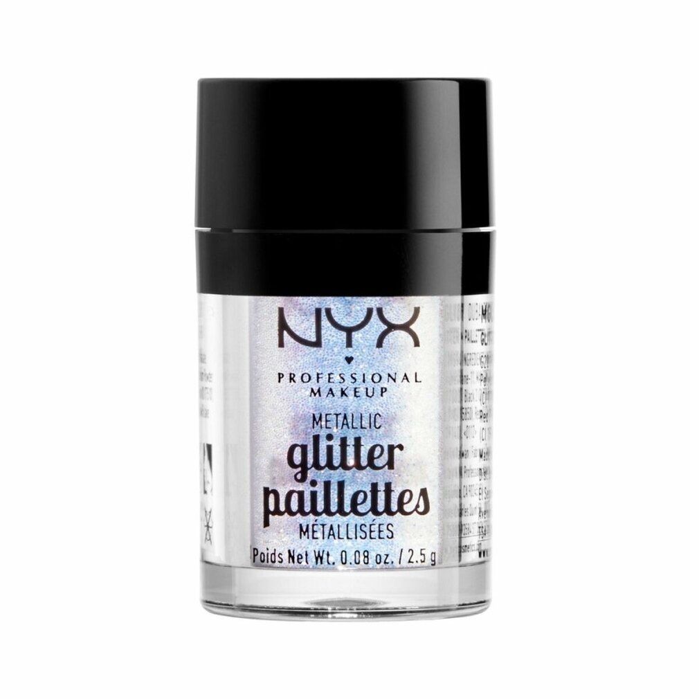 Glitter NYX Professional Makeup. Glitter metallico in un contenitore trasparente con coperchio nero. Scritta: Metallic Glitter Pailettes.