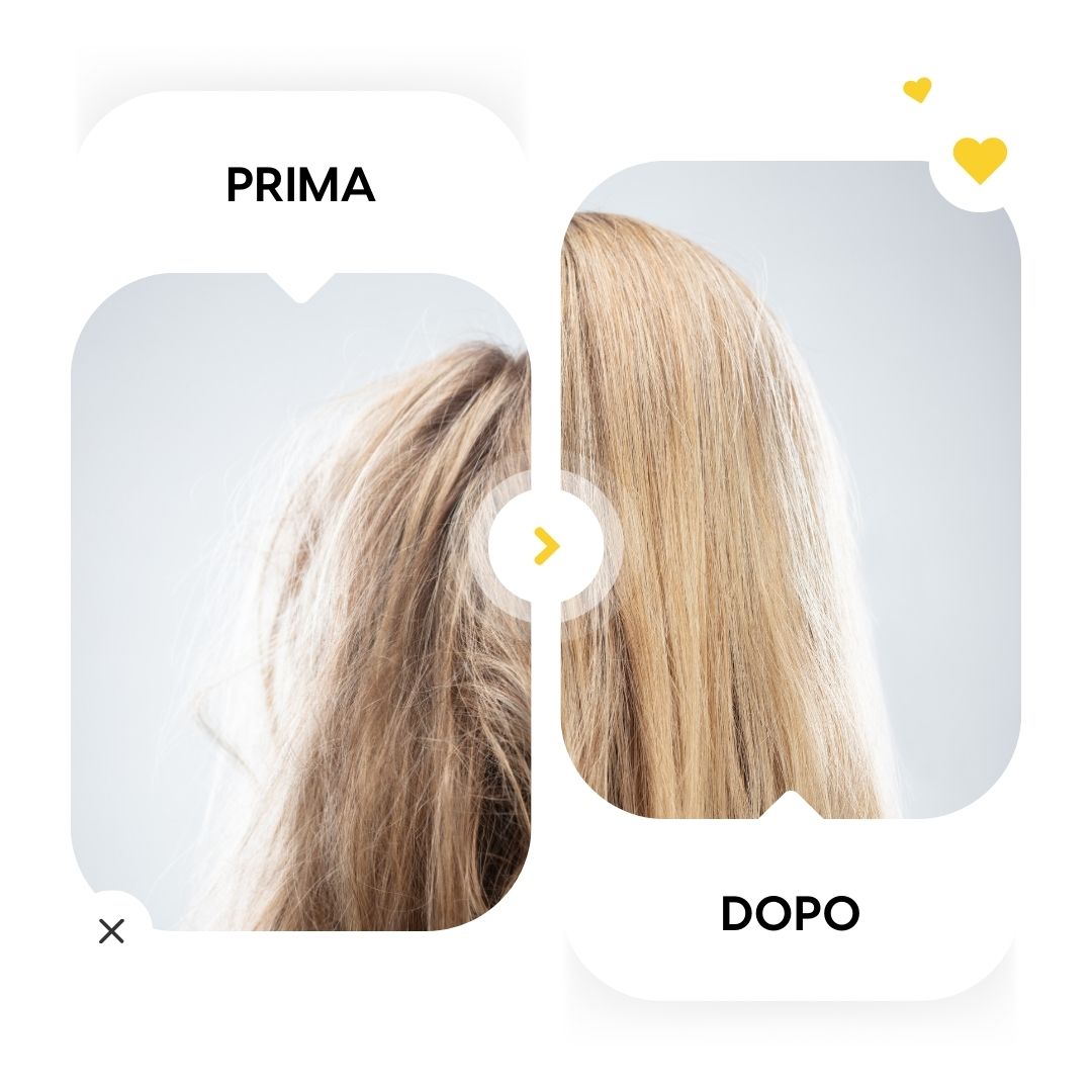 Confronto prima-dopo. Capelli biondi, non curati a sinistra, curati a destra. Testo in fumetti.
