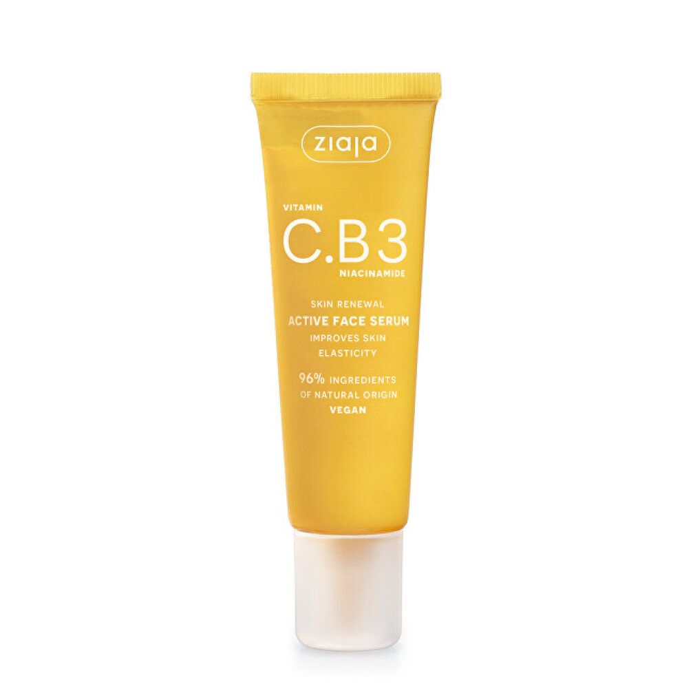 Tubo giallo con siero viso attivo ZIAJA Vitamin C.B.3 Niacinamide per il rinnovamento della pelle.
