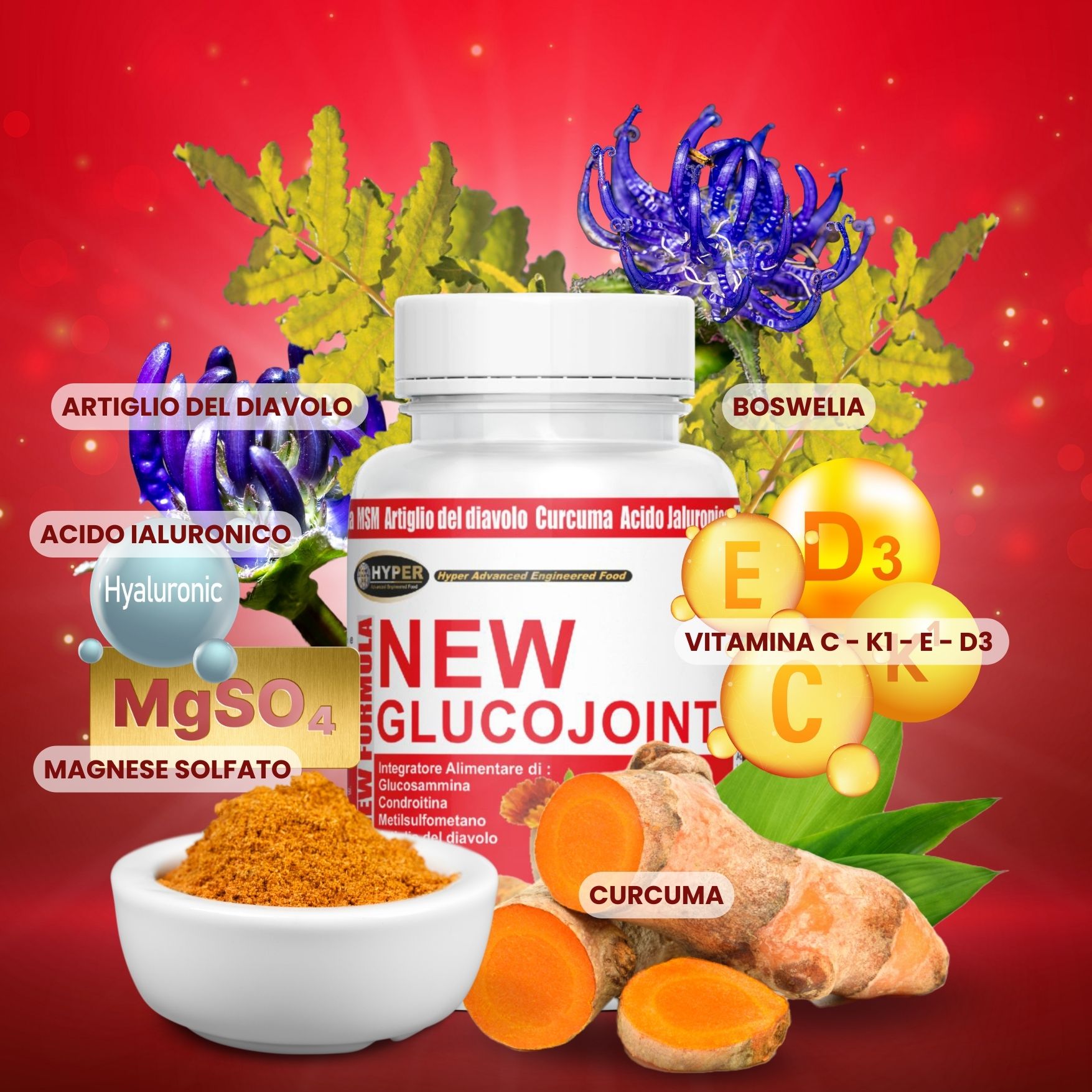 Flacone bianco con etichetta. Testo: NEW GLUCOJOINT. Ingredienti: Artiglio del diavolo, Curcuma, acido ialuronico, ecc. Decorazioni.