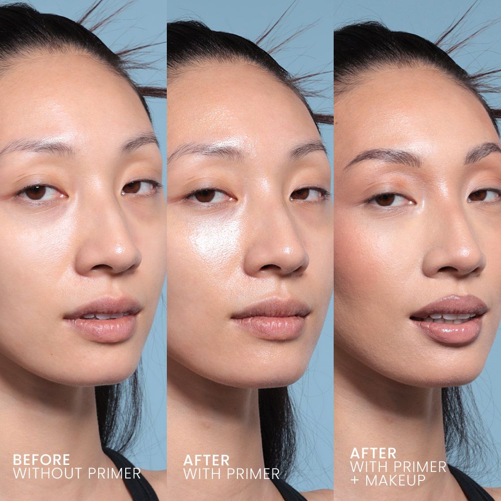 Tre volti. Prima, dopo con primer, dopo con primer e trucco. Sfondo: azzurro.