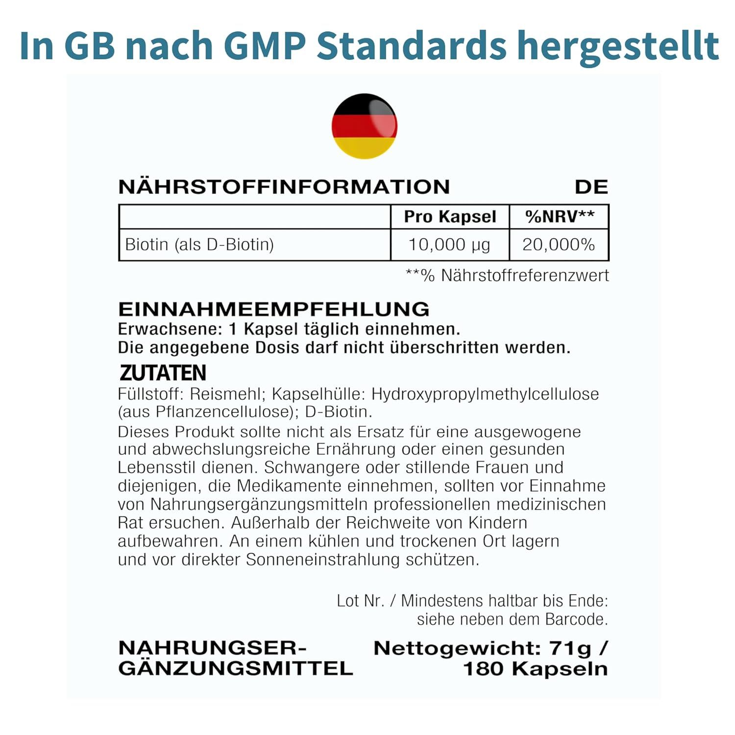 Informazioni nutrizionali. Testo: Biotina (come D-Biotina) 10,000 µg. Raccomandazione: 1 capsula al giorno.