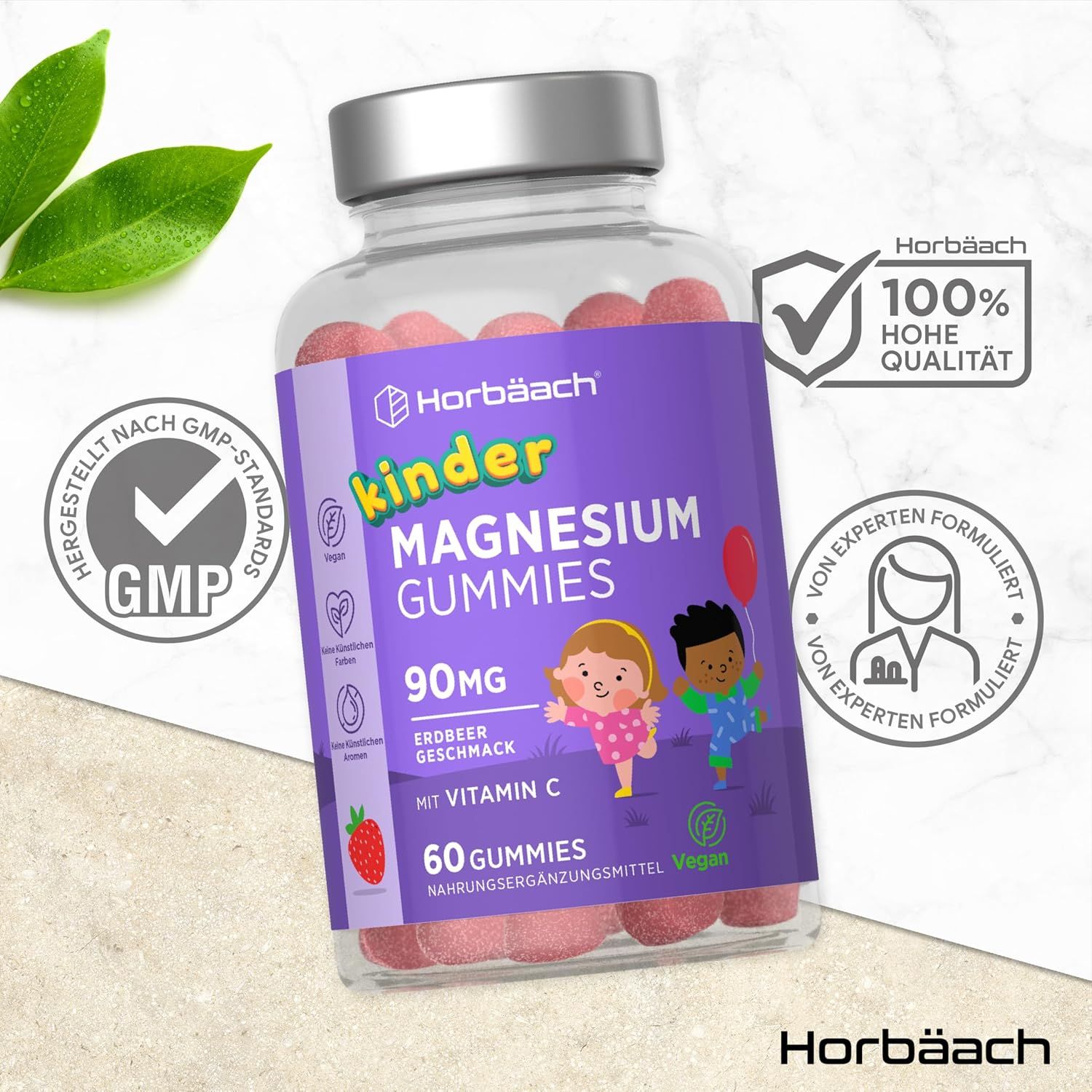Horbaach Kinder Magnesium Gummies. Bottiglia viola con caramelle gommose. 60 caramelle, 90mg, gusto fragola. Vegano.