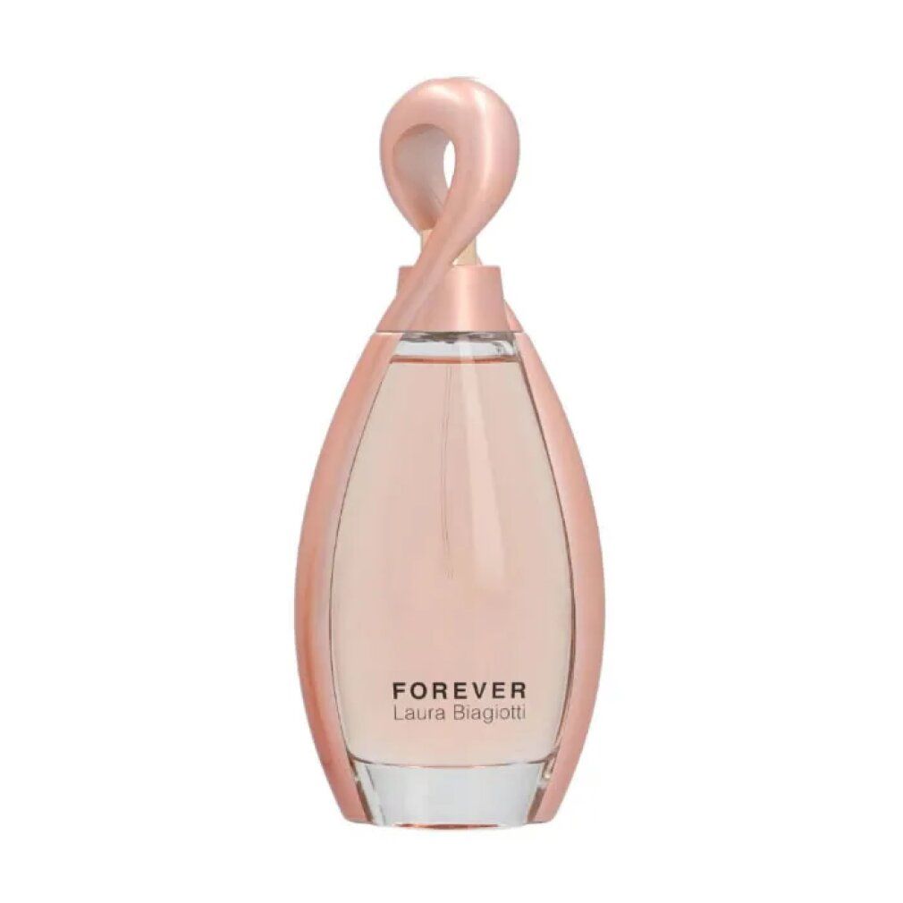 Flacone di profumo rosa con tappo dorato. Testo: Forever Laura Biagiotti.