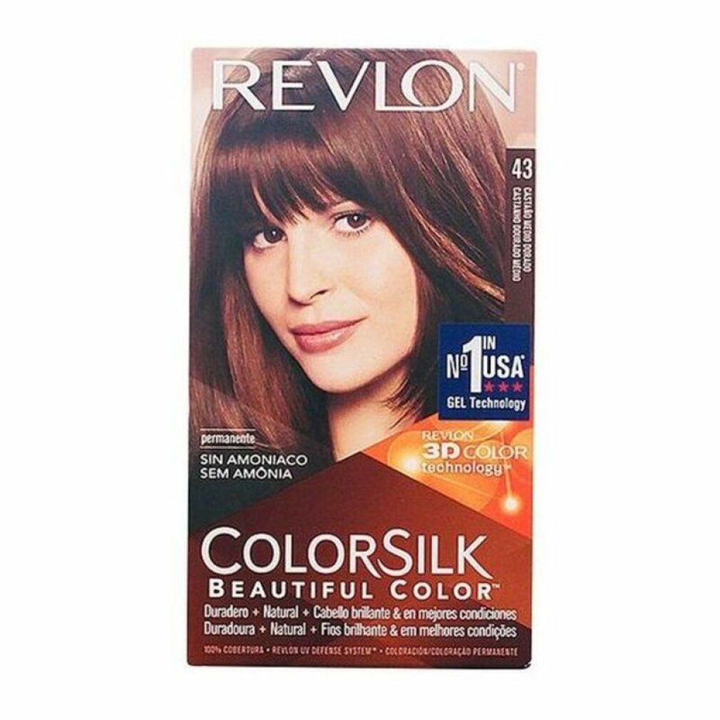 Confezione Revlon Colorsilk 43 Medium Golden Brown. Immagine di donna con capelli castani. Testo: Senza ammoniaca.