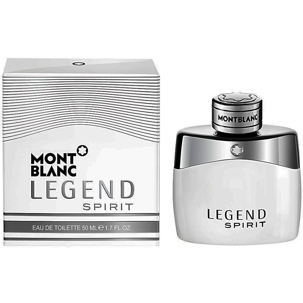 Flacone di profumo bianco e scatola. Sulla scatola c'è scritto MONTBLANC LEGEND SPIRIT. Sul flacone c'è scritto LEGEND SPIRIT.