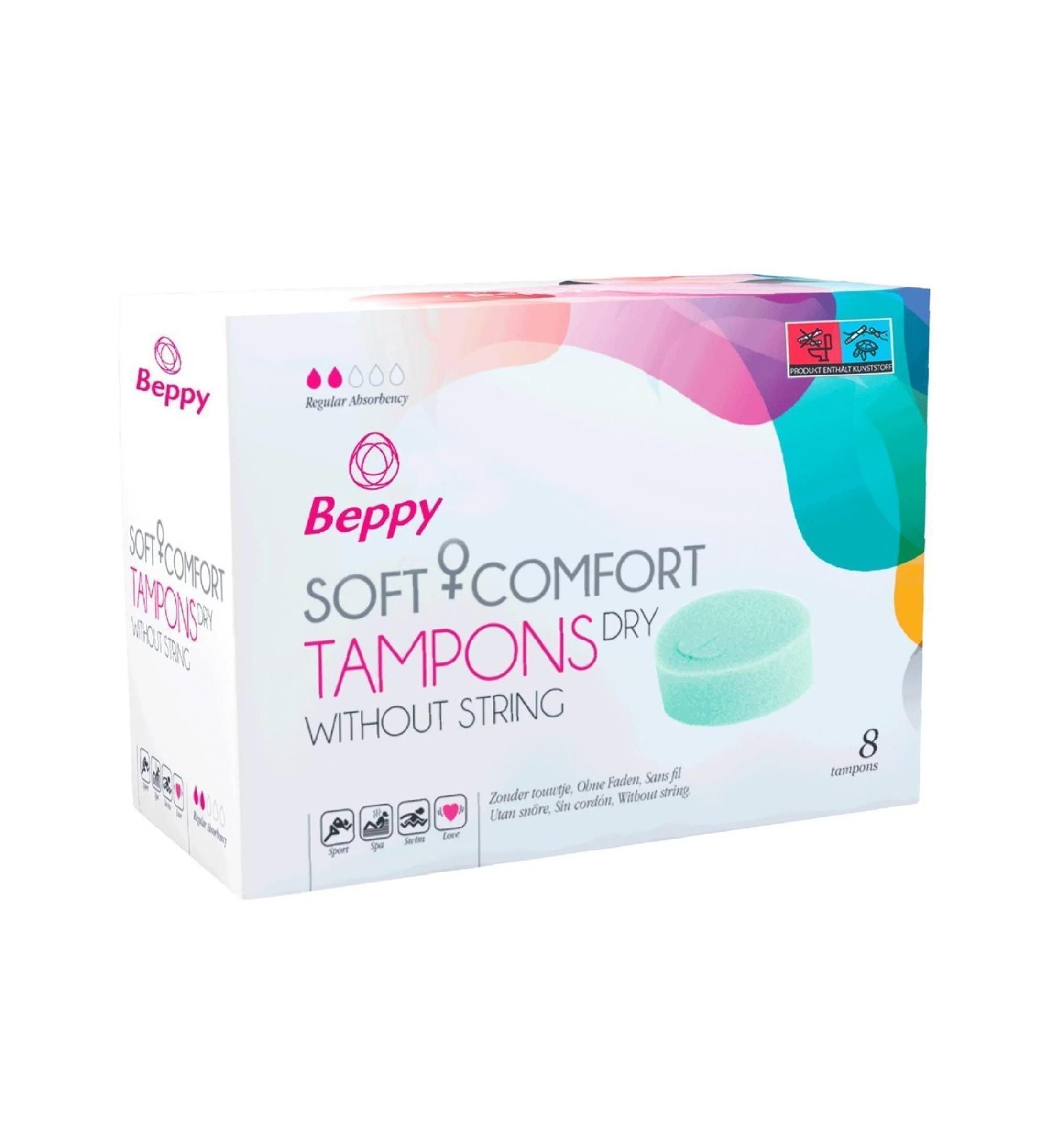Scatola di tamponi Beppy Soft + Comfort Dry senza filo. Tampone verde visibile. 8 pezzi.
