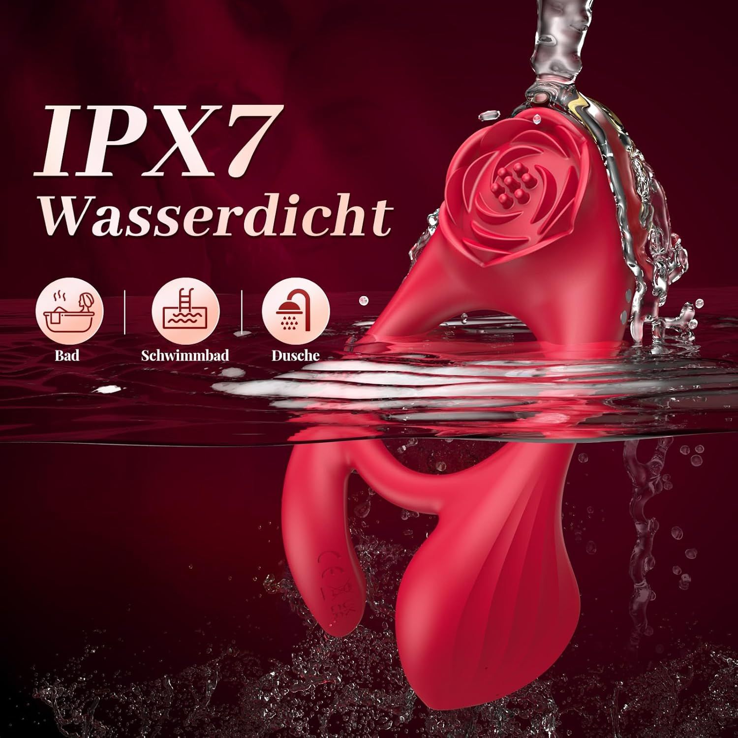 Vibratore rosso con attacco a forma di rosa, sott'acqua. Testo: IPX7 impermeabile. Simboli per bagno, piscina e doccia.