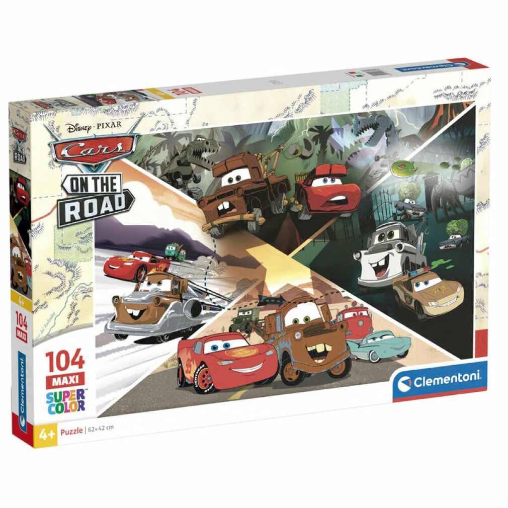 Puzzle Clementoni, Cars on the Road Maxi, 104 pezzi. Confezione mostra il motivo del puzzle con personaggi di Cars. Età consigliata: 4+. Dimensioni: 62x42cm.