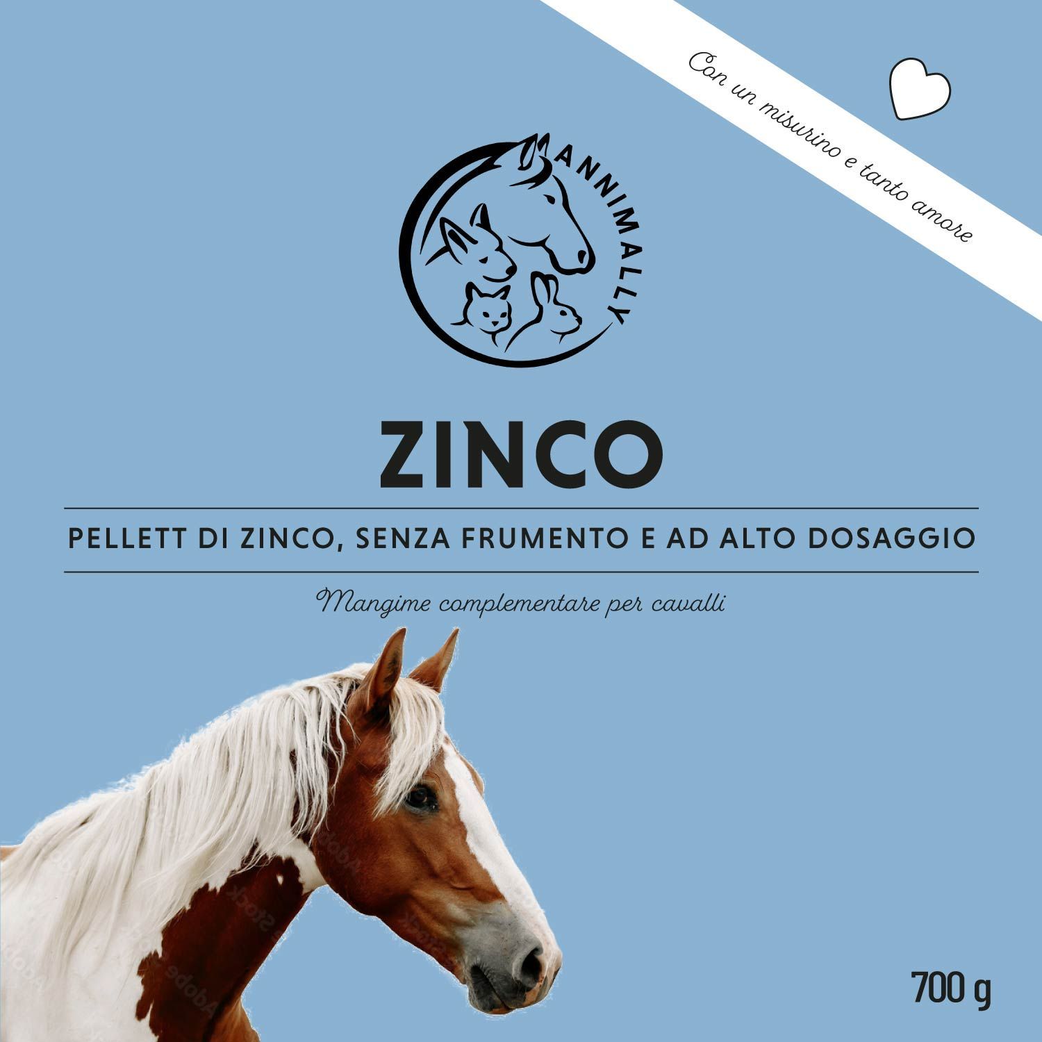 Etichetta blu con logo Annimally e informazioni Zink. Illustrazione testa di cavallo. 700 g.