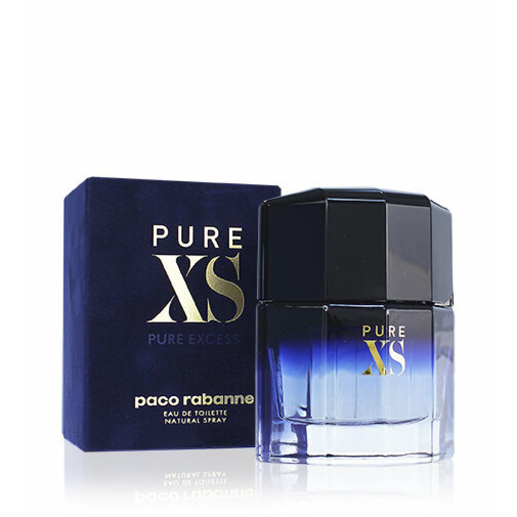 Flacone e confezione di Paco Rabanne Pure XS Eau de Toilette. Flacone blu sfumato, tappo nero. Confezione blu scuro.