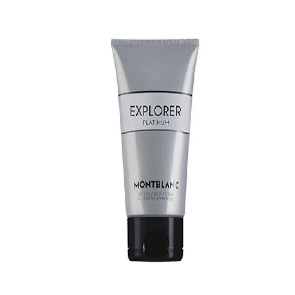 Gel doccia Montblanc Explorer Platinum in tubo argentato con tappo nero.