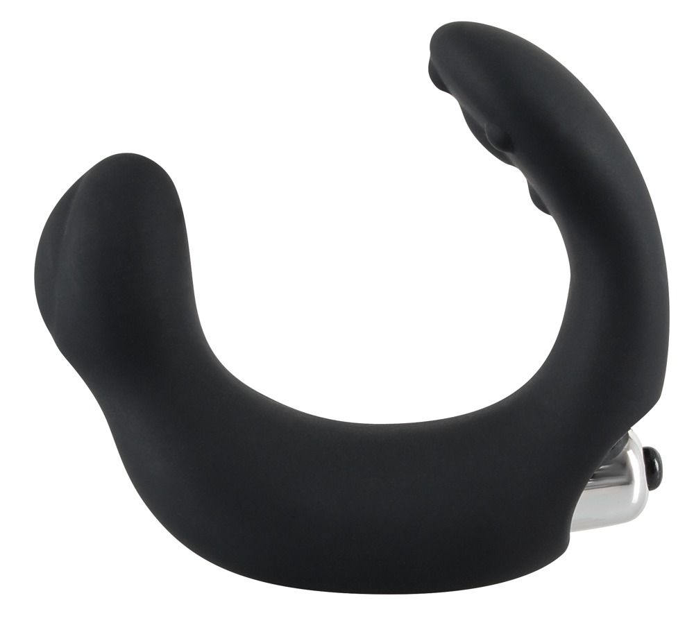Stimolatore prostatico nero. Forma a U, estremità arrotondate, parte metallica.