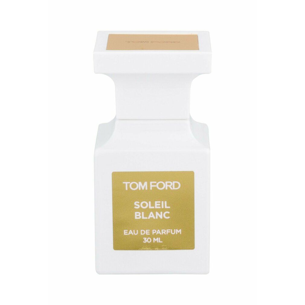 Flacone bianco con etichetta dorata. Scritta: TOM FORD, SOLEIL BLANC, Eau de Parfum 30 ml.