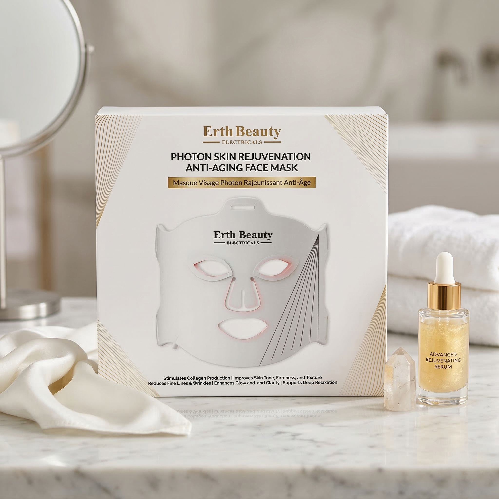 Confezione della maschera viso anti-età Erth Beauty Photon Skin Rejuvenation con flacone di siero e asciugamani.