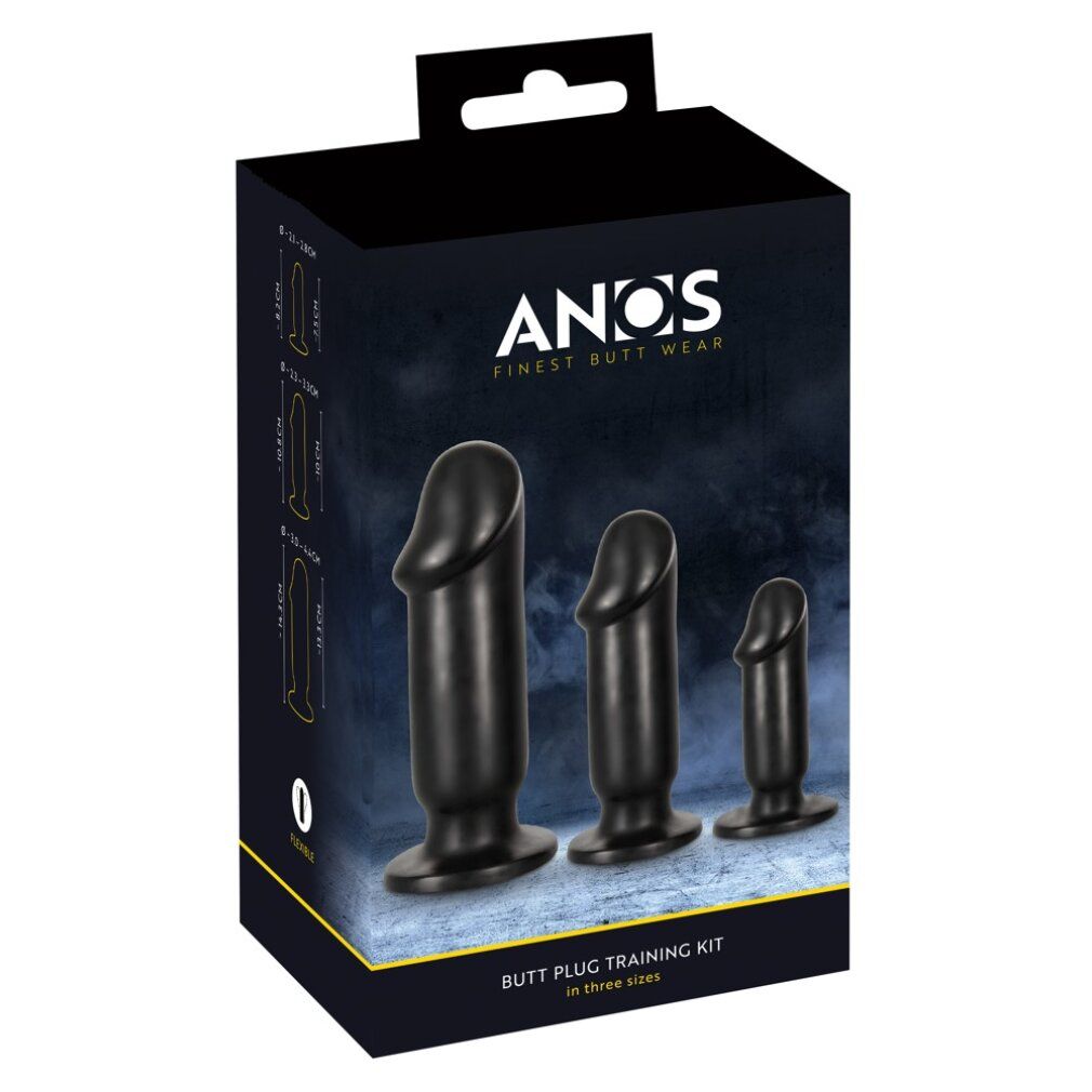 Set di tre plug anali neri in una scatola. Scatola con nome del prodotto e indicazioni delle dimensioni. Scritta: ANOS, FINES BUTT WEAR.
