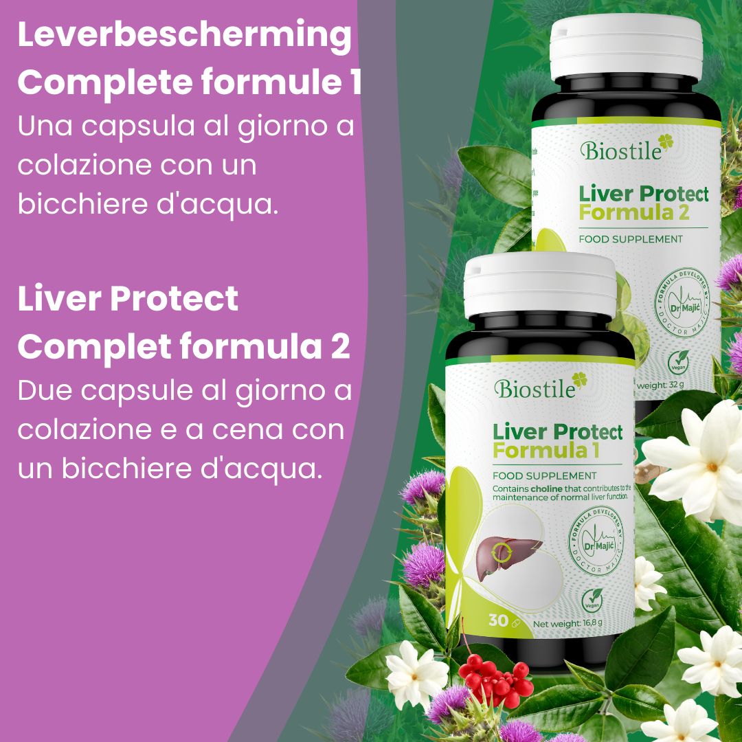 Due flaconi "Biostile Liver Protect Formula 1" e "Formula 2". Grafici e testo sugli ingredienti e i benefici.