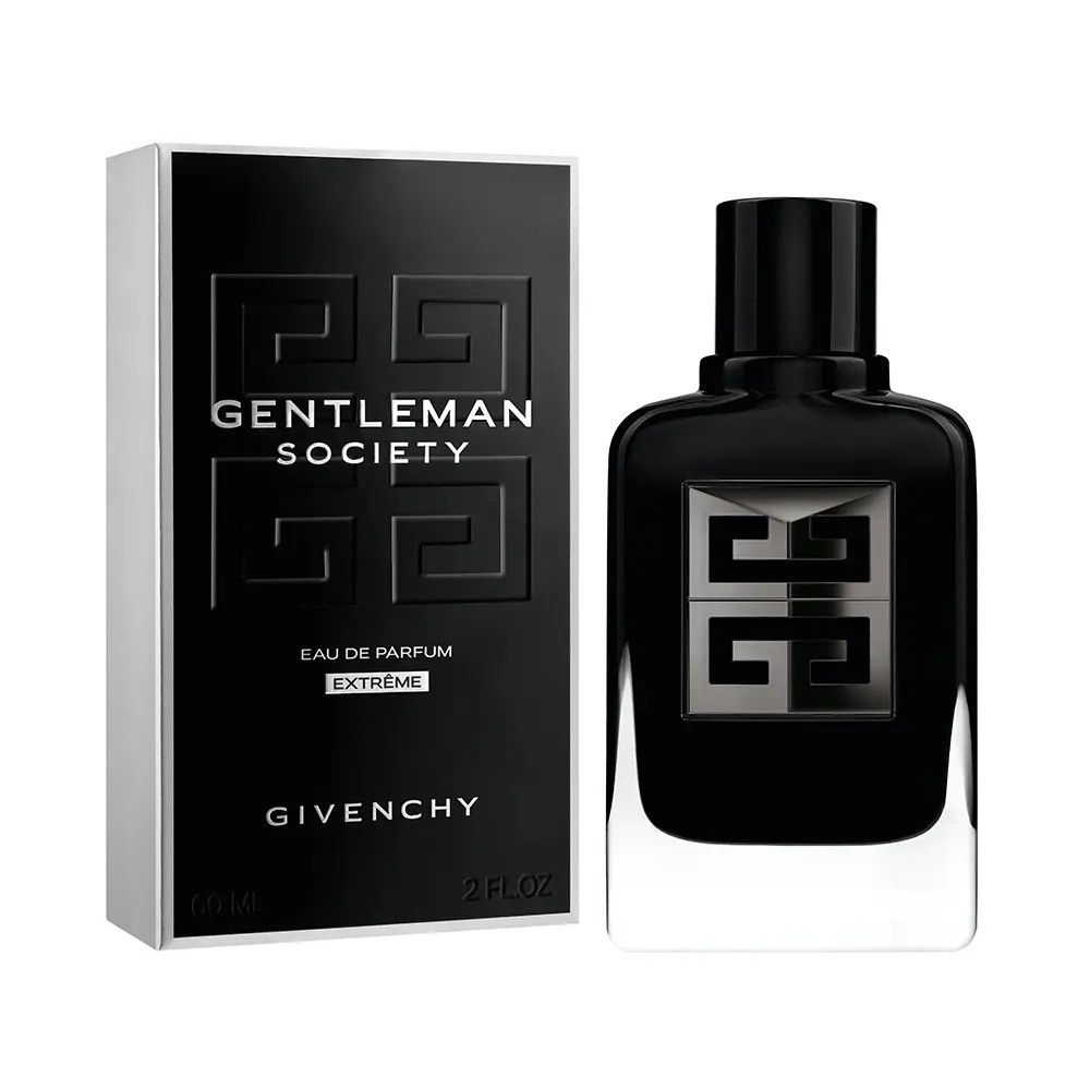 Flacone e confezione neri. Scritta: GIVENCHY, GENTLEMAN SOCIETY, Eau de Parfum Extreme. 2 fl. oz.