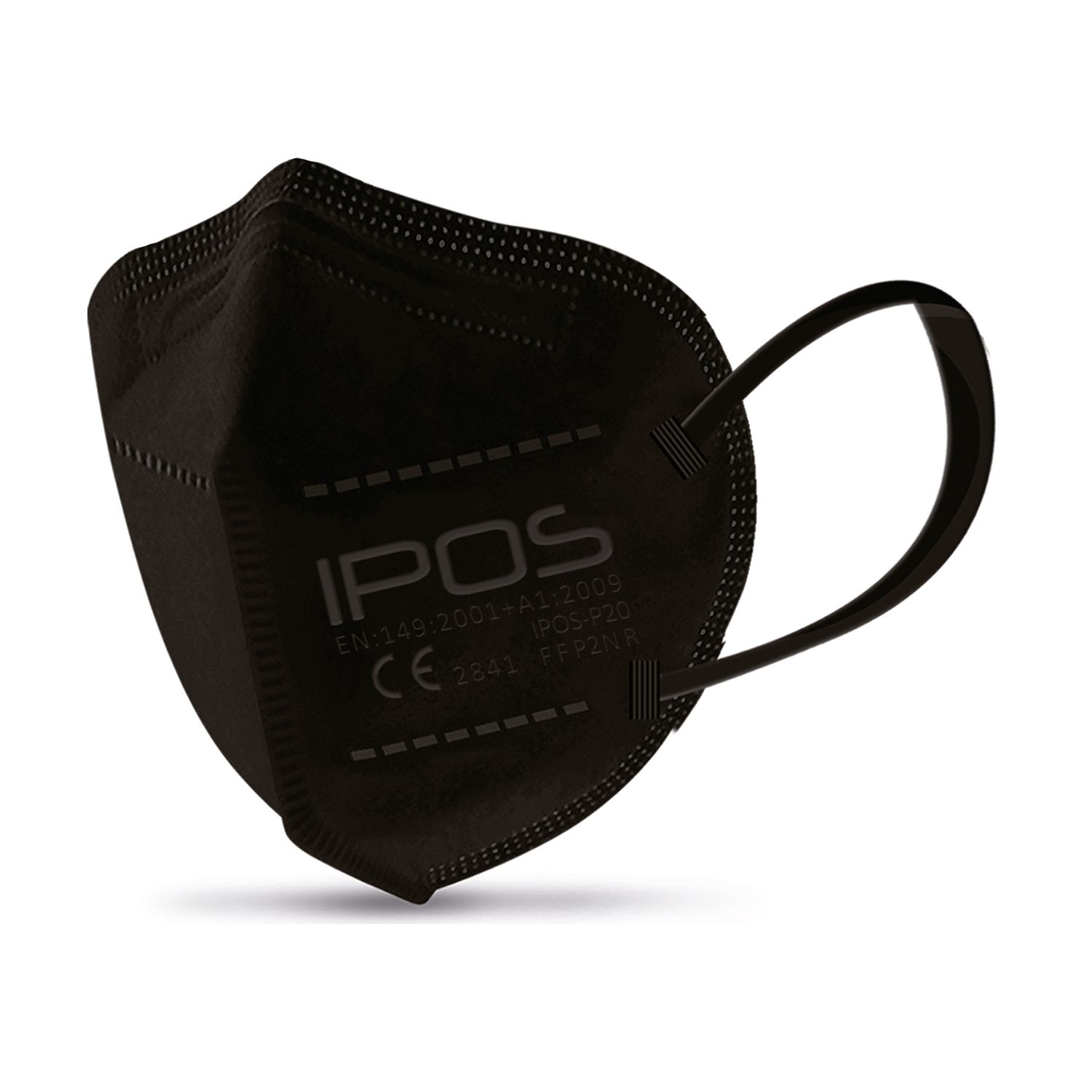 Maschera respiratoria IPOS FFP2 nera. Forma triangolare, con anelli per le orecchie. Testo: 'IPOS', 'CE 2841'.