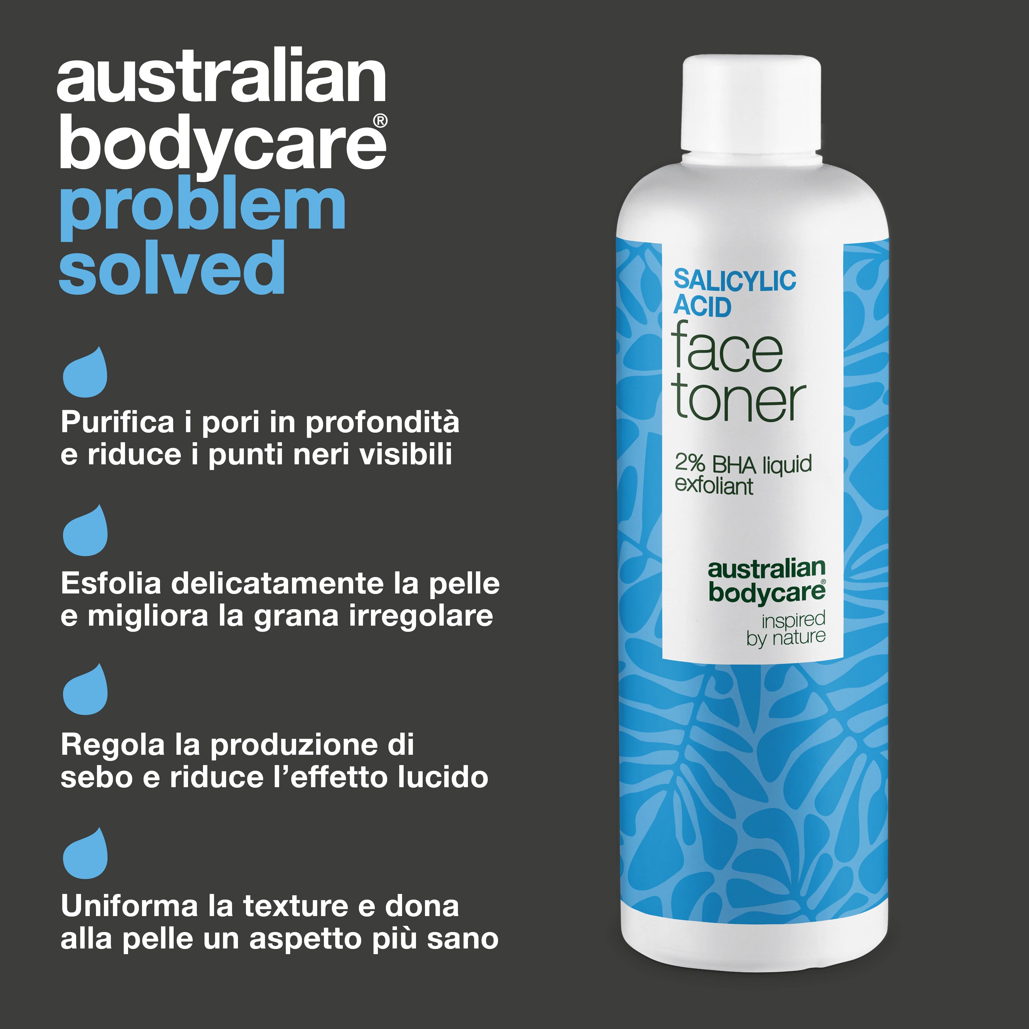 Flacone: Salicylsäure Face Toner, 2% BHA liquid exfoliant. Marchio: Australian Bodycare. Testo: Problema risolto. Purifica i pori.