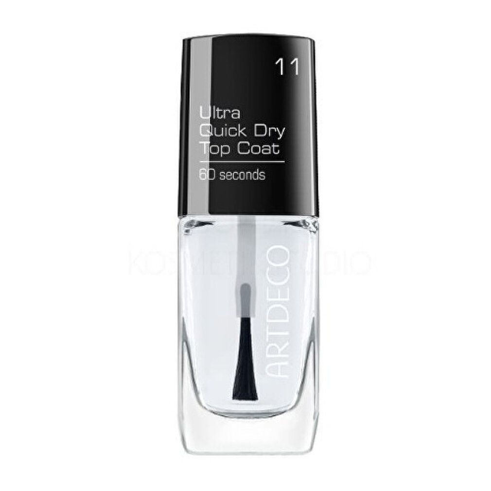 Flacone di smalto trasparente con tappo nero. Scritta: Ultra Quick Dry Top Coat, 60 seconds. Marchio: ARTDECO. Numero 11.