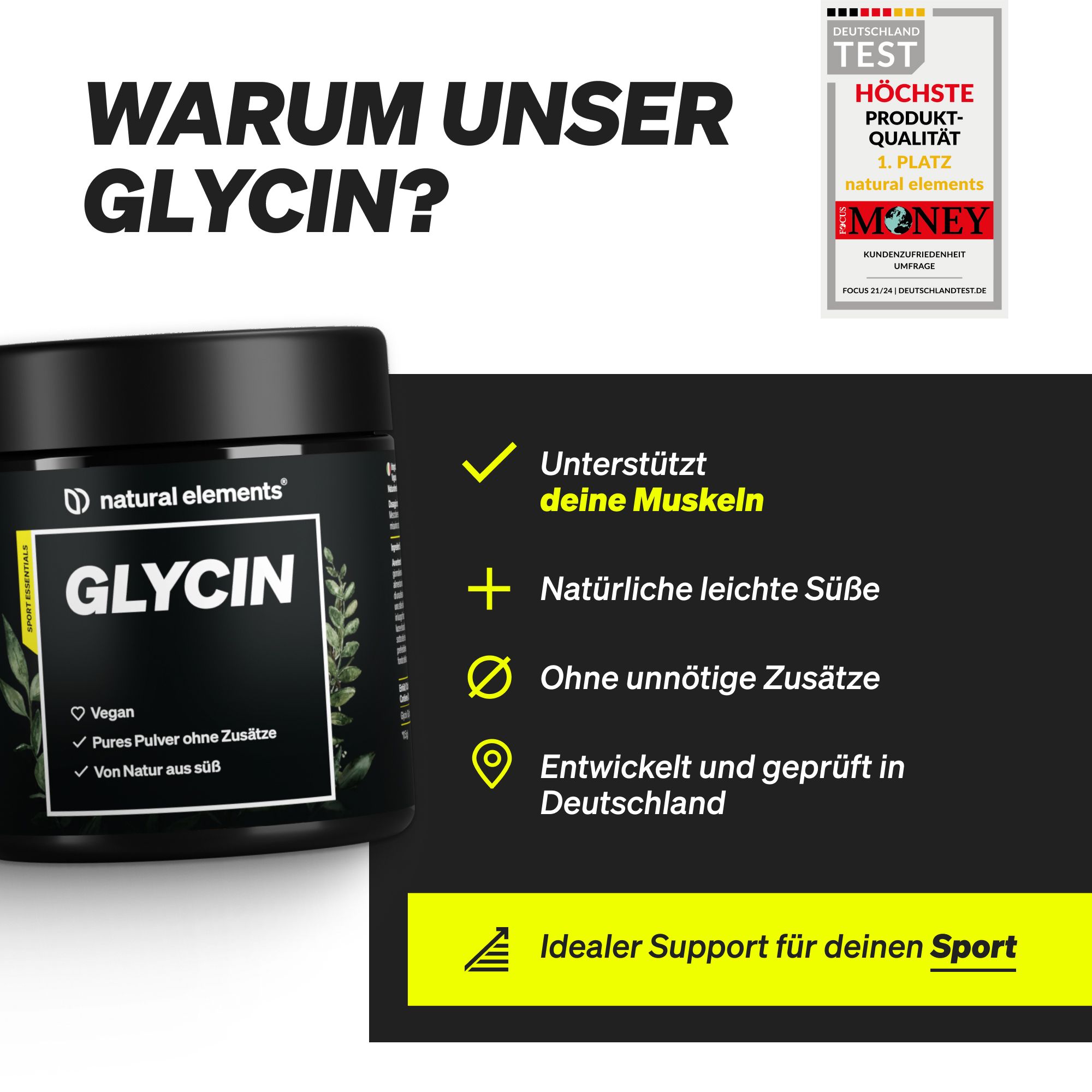 Sfondo nero con barattolo e testo. Testo: Perché la nostra glicina? Supporta i muscoli, dolcezza naturale, ecc.