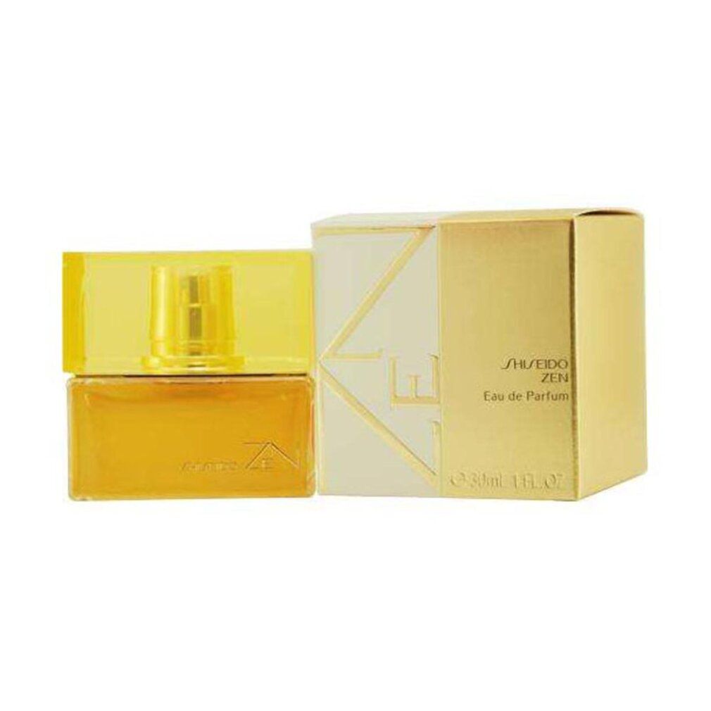 Flacone di profumo e confezione. Flacone dorato, confezione bianca e dorata. Scritta "ZEN" e "SHISEIDO".