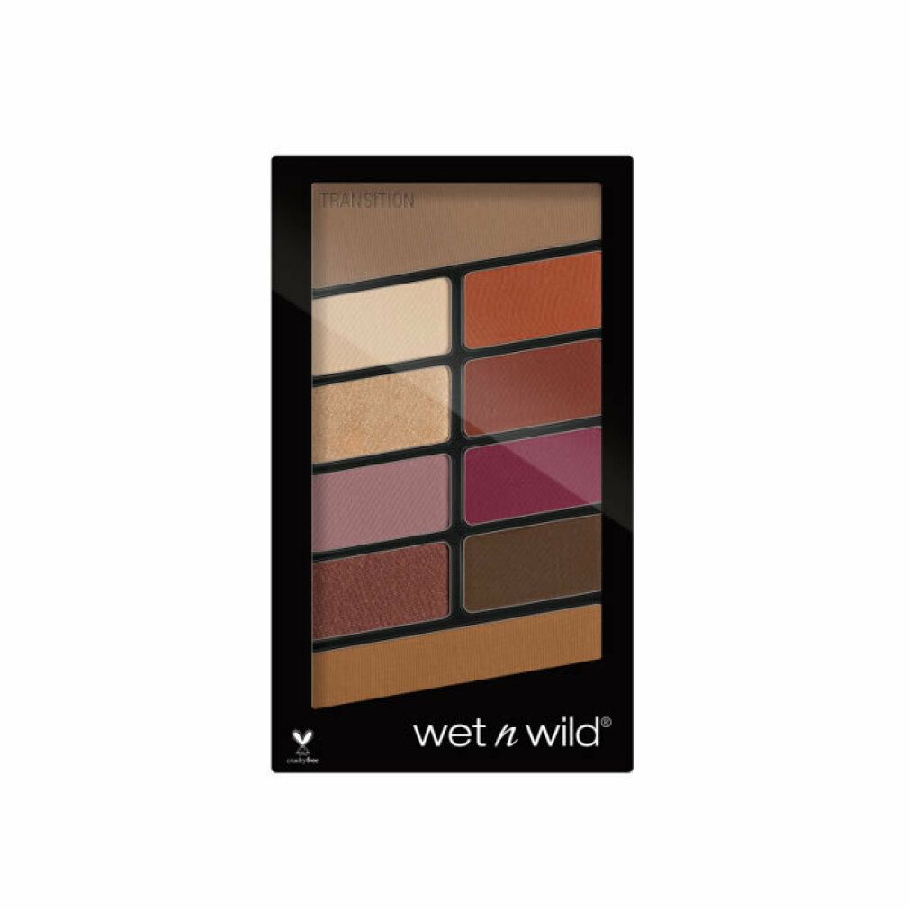 Palette ombretti a 10 colori. Confezione nera. Marchio wet n wild. Cruelty-free. Varie tonalità di marrone, rosa e beige.