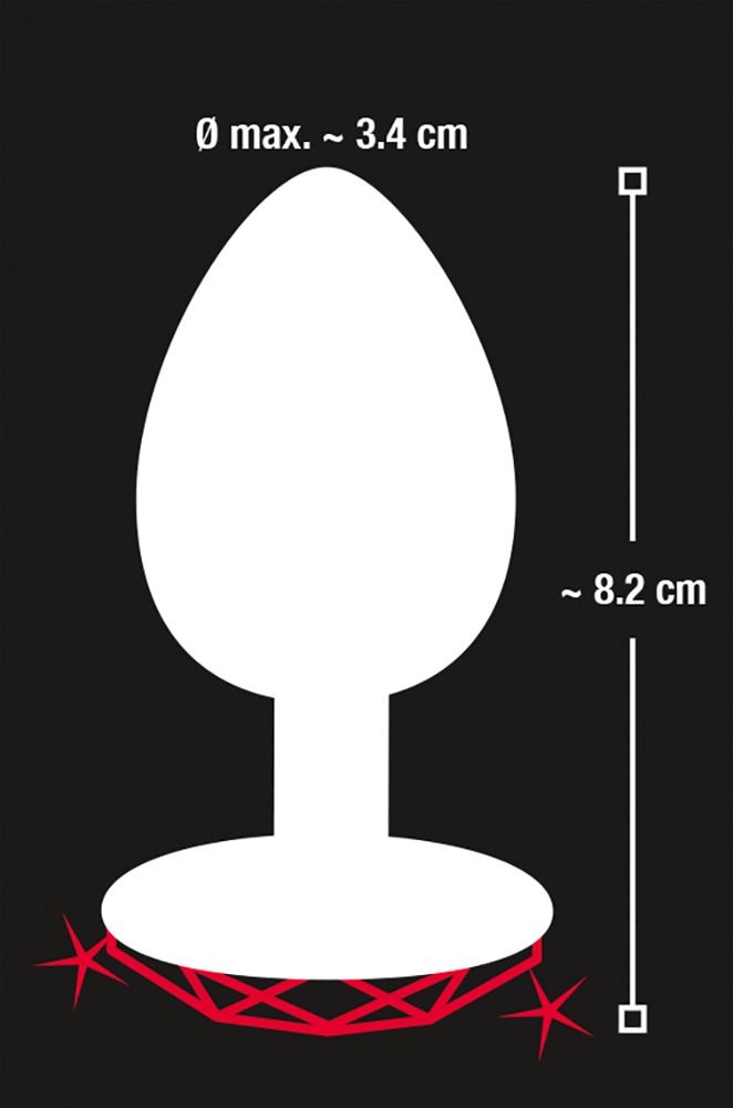 Schema di un plug anale. Dimensioni: Ø max. ~3,4 cm, ~8,2 cm di lunghezza.