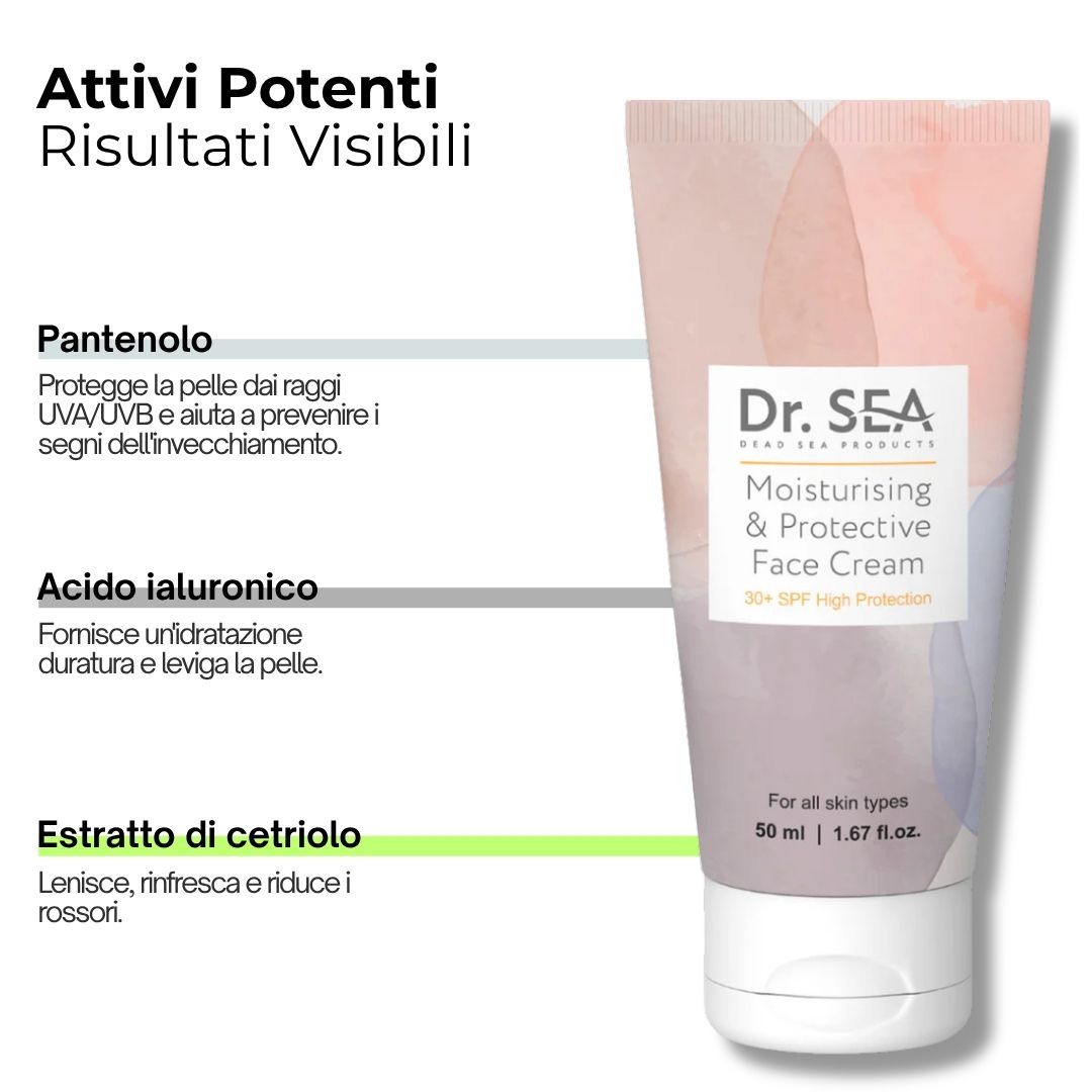 Tubo di crema con testo. Scritta: Dr. SEA, Moisturising & Protective Face Cream SPF30+. Con testo sugli ingredienti.