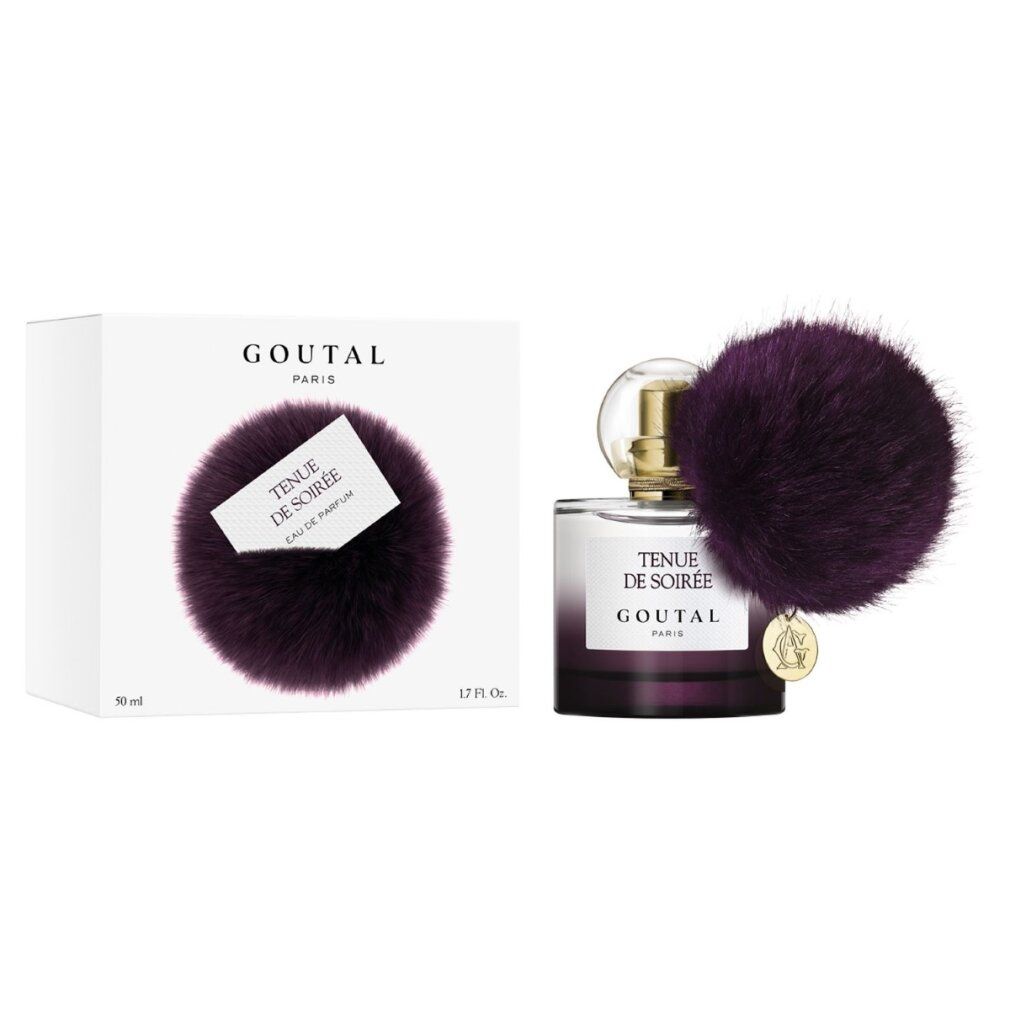 Flacone di profumo e scatola. Scritta: Tenue de Soirée, Goutal Paris. Pompon viola. Scatola bianca.