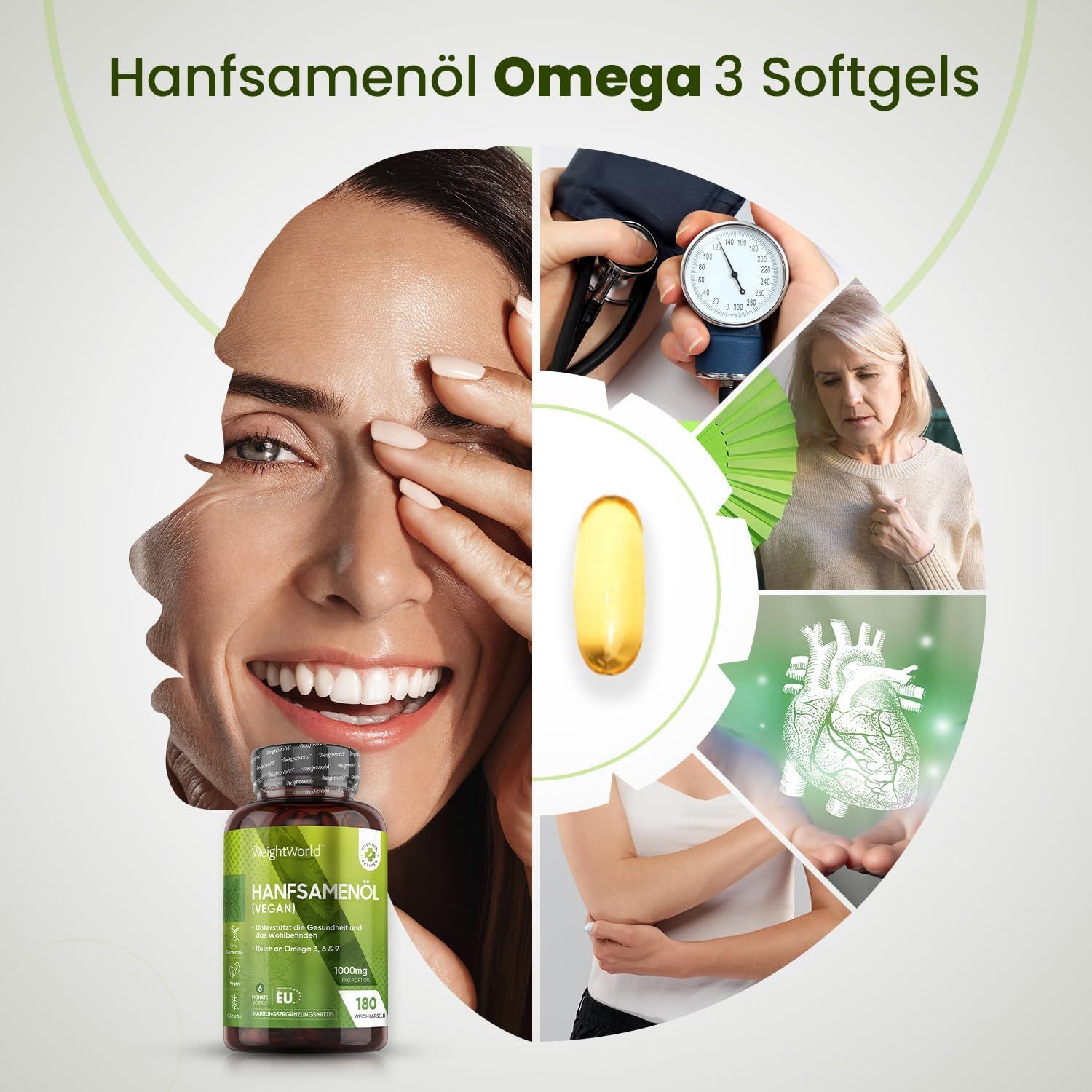 Montaggio di immagini con un flacone di capsule di olio di semi di canapa e immagini di persone e organi. Una capsula è raffigurata.