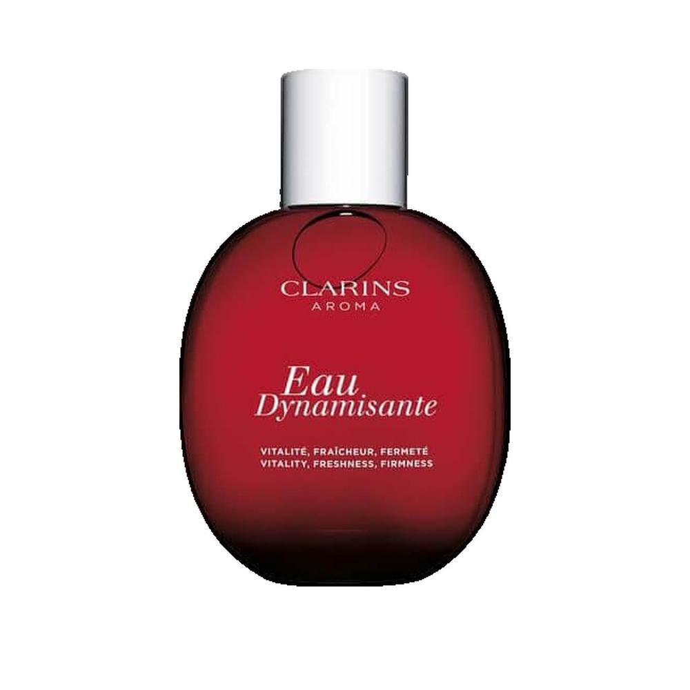 Flacone rosso con tappo bianco. Scritta: Clarins Aroma, Eau Dynamisante. Sottotitolo: Vitalité, fraîcheur, fermeté.