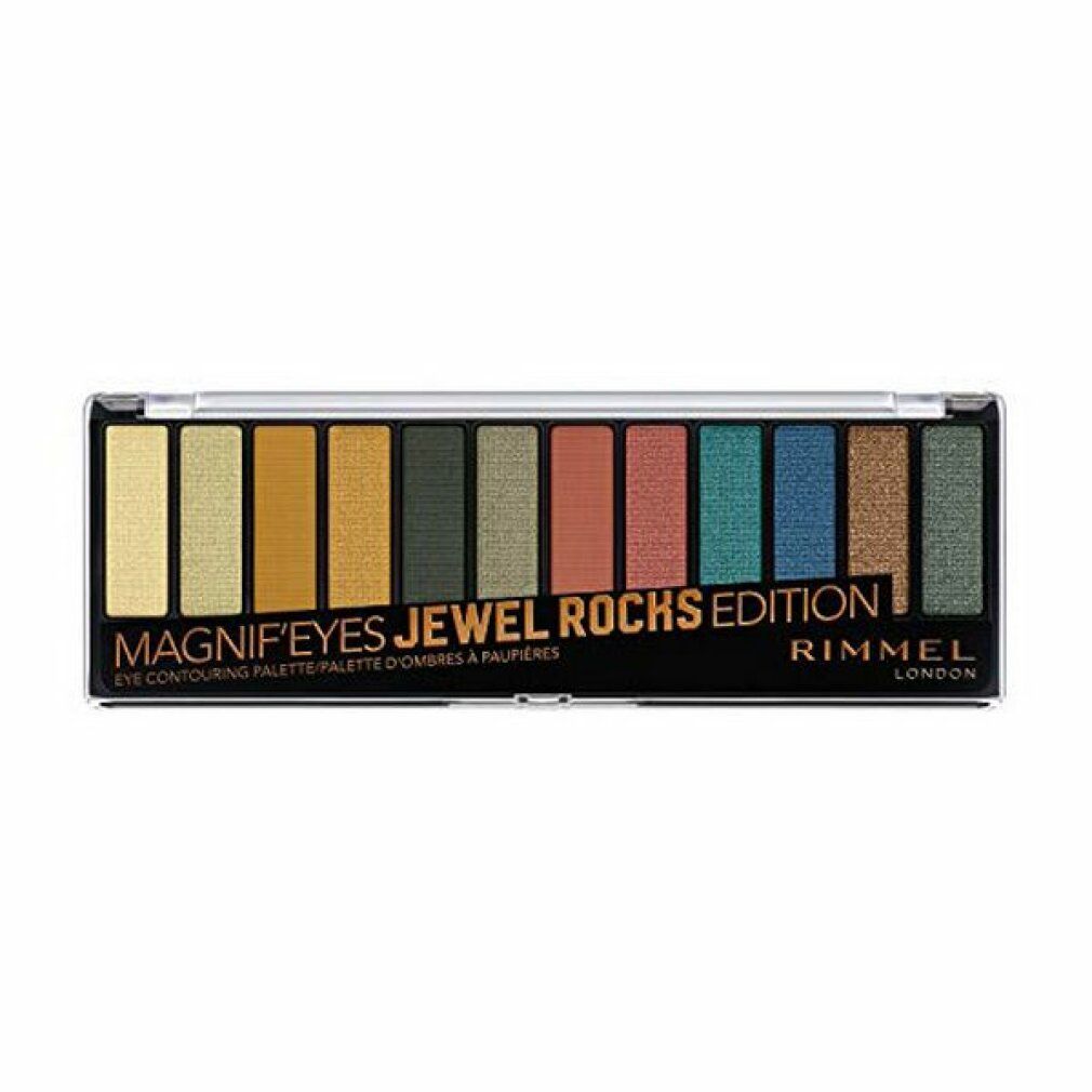 Palette ombretti Rimmel Magnif'eyes Jewel Rocks Edition. 12 tonalità in una palette nera. Testo sulla confezione.