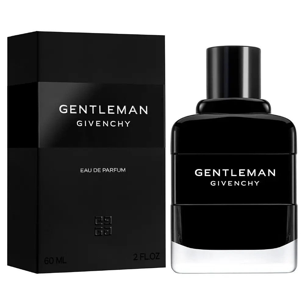 Scatola e flacone neri. Scritta: GENTLEMAN GIVENCHY, Eau de Parfum. Flacone con tappo nero.