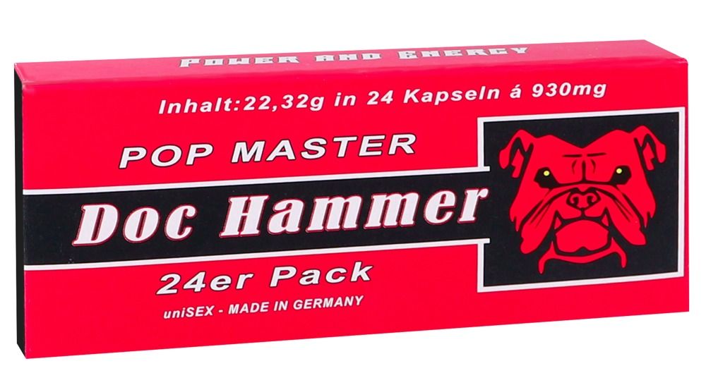 Scatola rossa con scritta "Doc Hammer - Pop Master" e logo bulldog. Contiene 24 capsule. "Made in Germany".