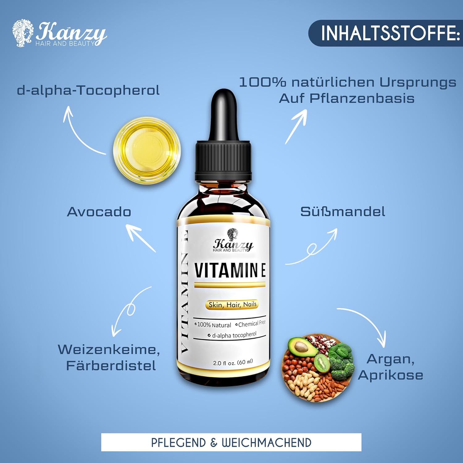 Flacone in vetro marrone di olio di vitamina E. Contiene avocado, mandorle dolci, germe di grano, cartamo, argan e albicocca.