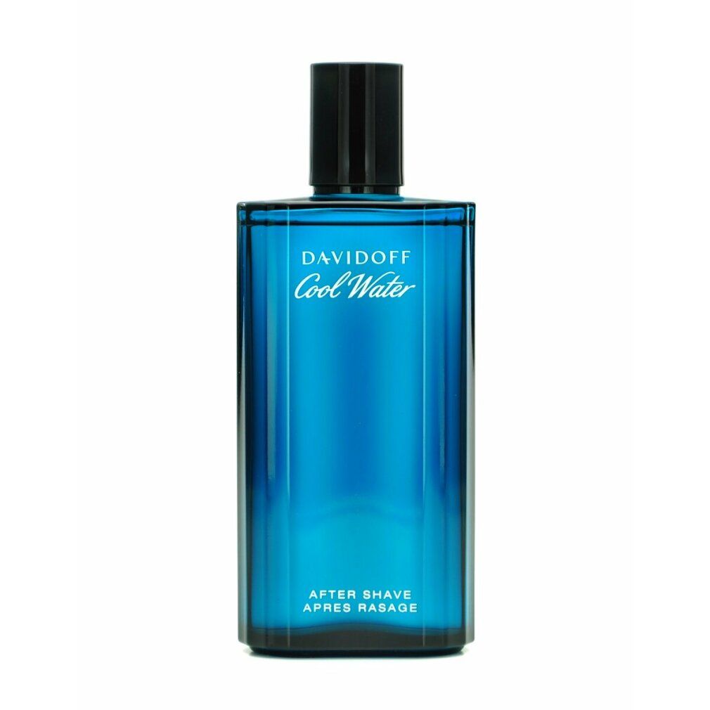 Flacone Davidoff Cool Water After Shave. Vetro blu, tappo nero. Scritta.