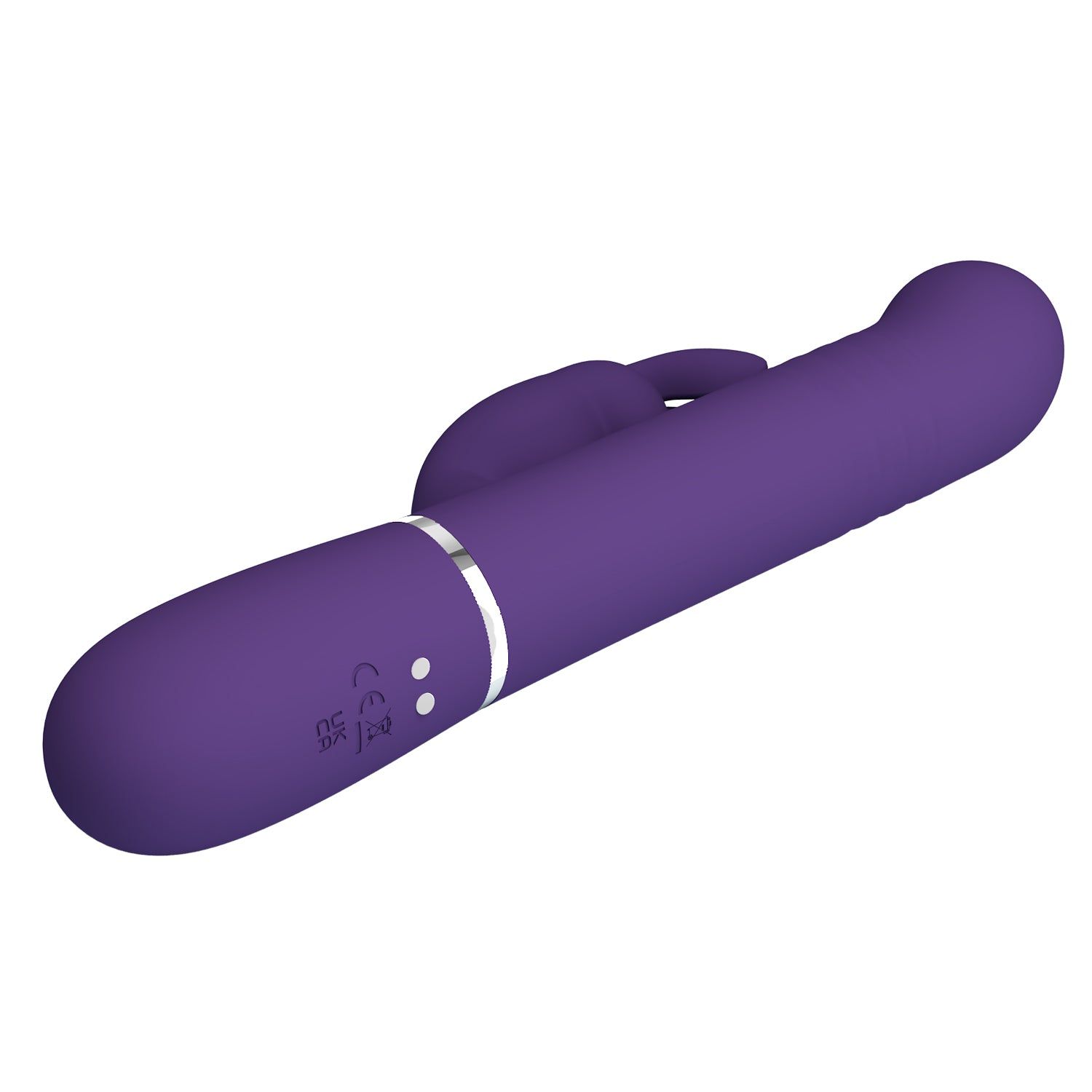 Vibratore viola con design a orecchie di coniglio. Stelo cilindrico, estremità arrotondata, pulsanti.
