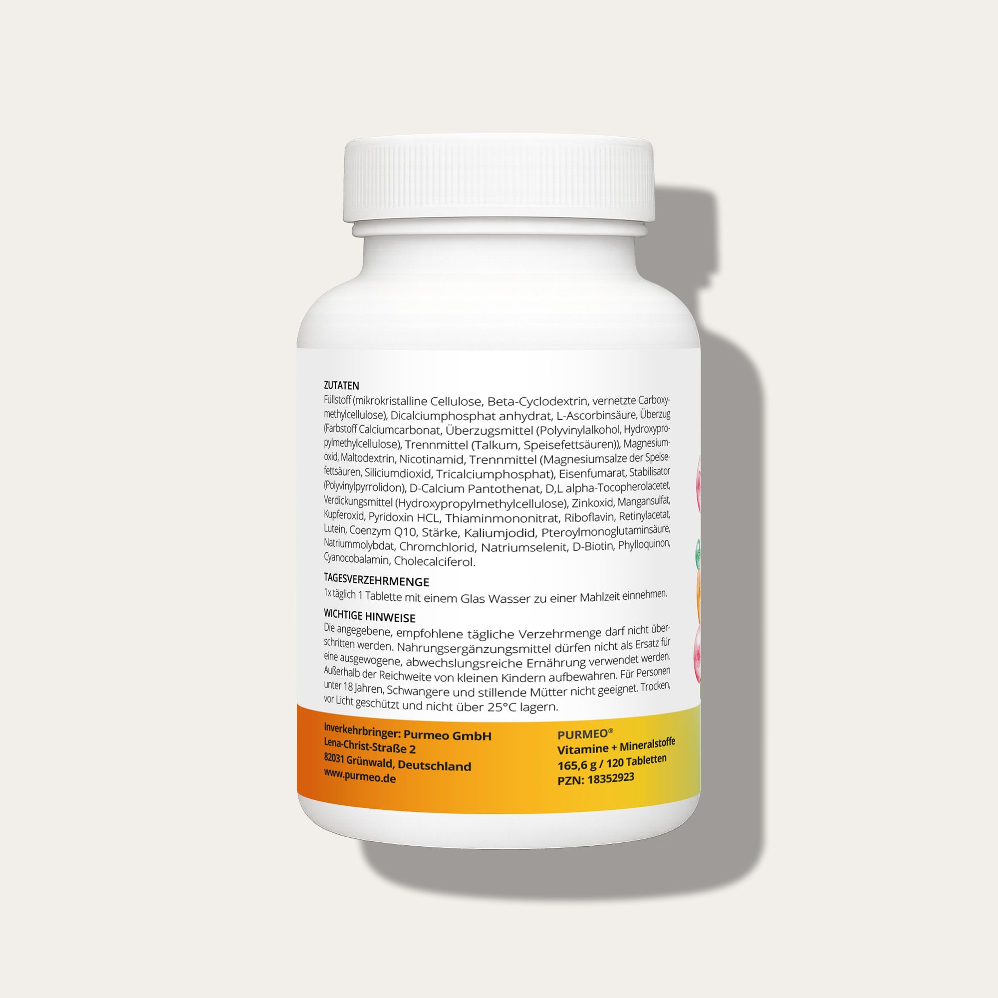 Flacone di compresse bianco con etichetta giallo-arancione. Elenco degli ingredienti e informazioni del produttore stampati. Prodotto in Germania.