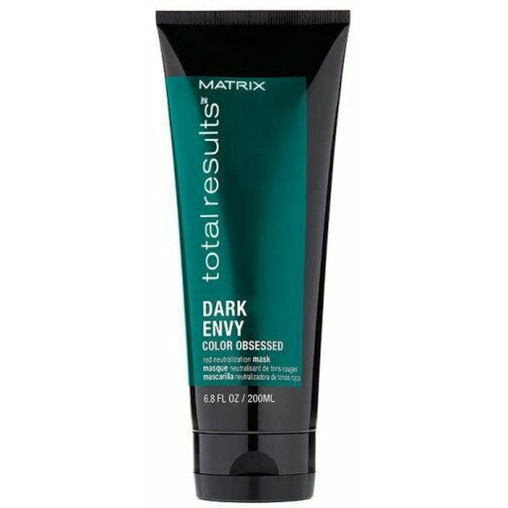 Tubo nero con etichetta verde. Scritta: Matrix Total Results Dark Envy Color Obsessed Mask. 6.8 FL OZ / 200mL.