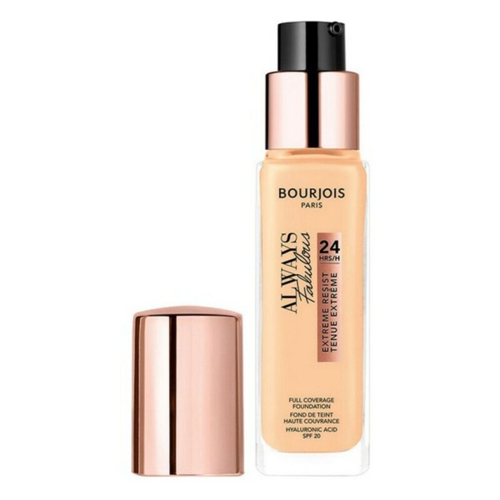 Flacone di fondotinta Bourjois Always Fabulous. Pompa nera, tappo oro rosa. Testo sul flacone.