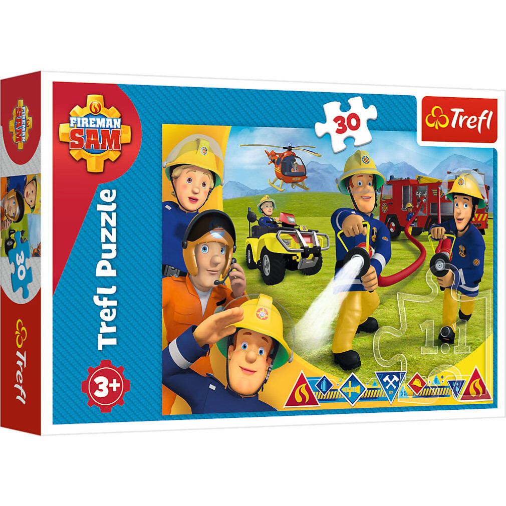 Puzzle 30 pezzi. Motivo Sam il pompiere. Logo e testo Trefl. Età consigliata 3+. Immagine di vigili del fuoco e veicoli.