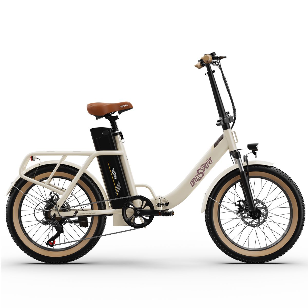 Bicicletta elettrica beige con sella e pneumatici marroni. Motore e portapacchi neri. Marchio ONESPORT.