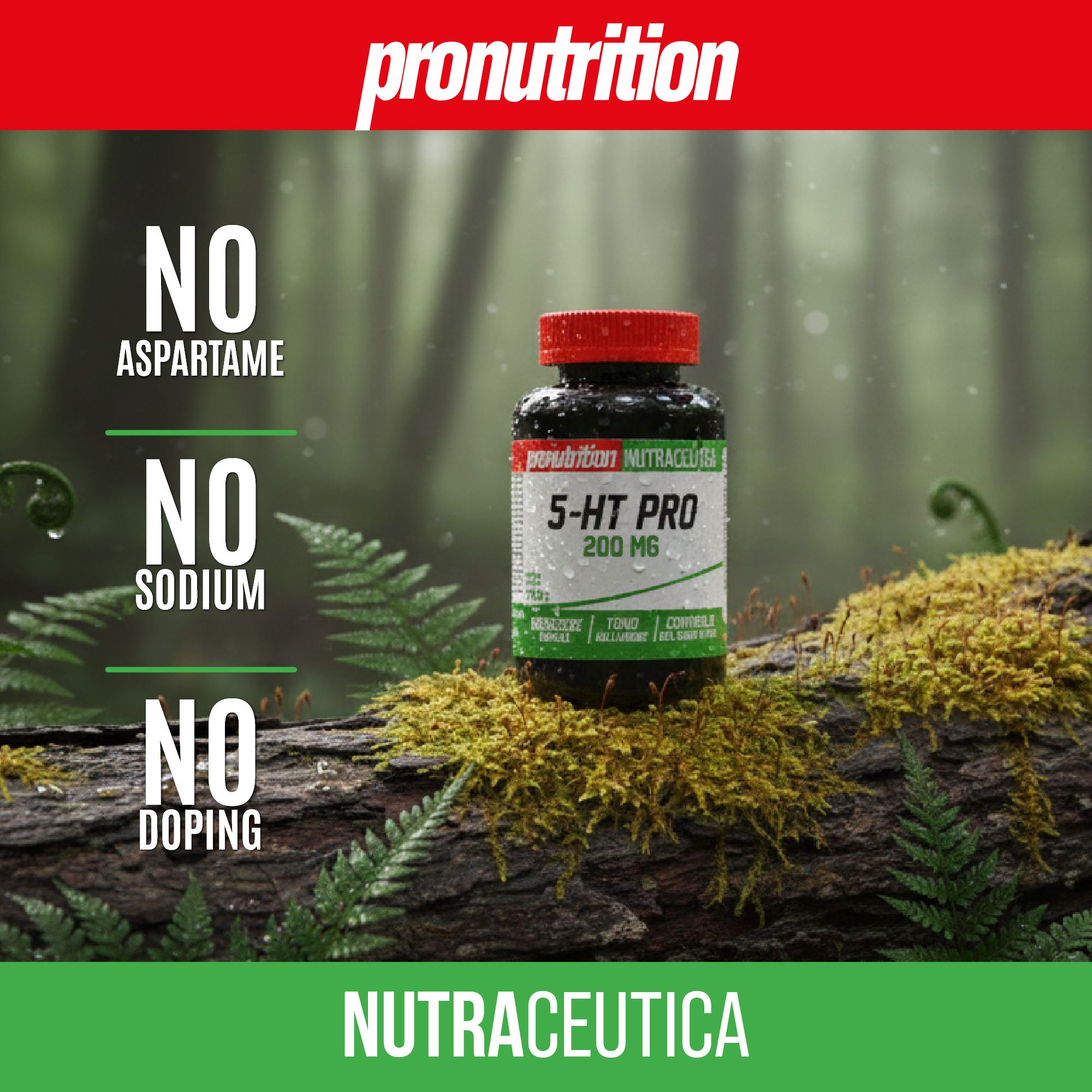 Flacone marrone con tappo rosso. Scritta: 5-HT PRO 200 MG. Testo: NO ASPARTAME, NO SODIUM, NO DOPING. Su un tronco.